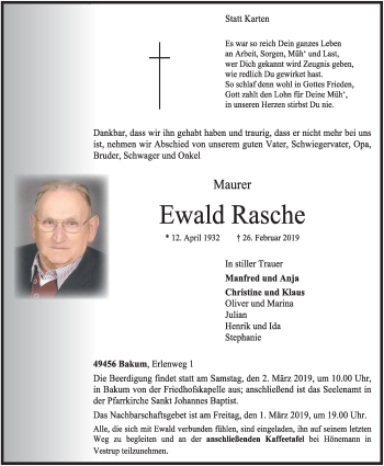 Anzeige von Ewald Rasche von OM-Medien