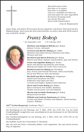Anzeige von Franz Bokop von OM-Medien