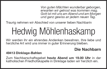 Anzeige von Hedwig Möhlenhaskamp von OM-Medien