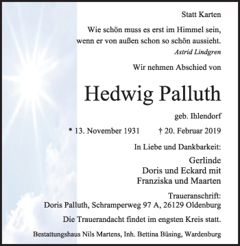 Anzeige von Hedwig Palluth von OM-Medien