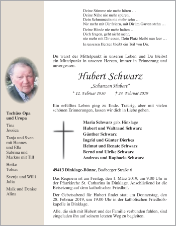 Anzeige von Hubert Schwarz von OM-Medien