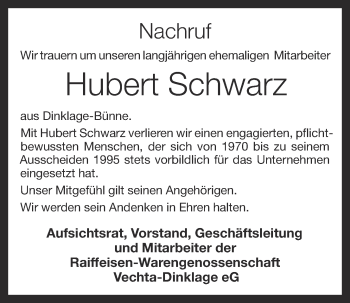 Anzeige von Hubert Schwarz von OM-Medien