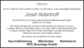 Anzeige von Josef Aldenhoff von OM-Medien
