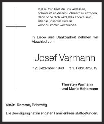 Anzeige von Josef Varmann von OM-Medien