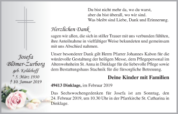 Anzeige von Josefa Blömer-Zurborg von OM-Medien