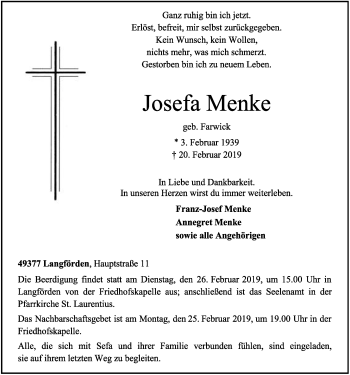 Anzeige von Josefa Menke von OM-Medien