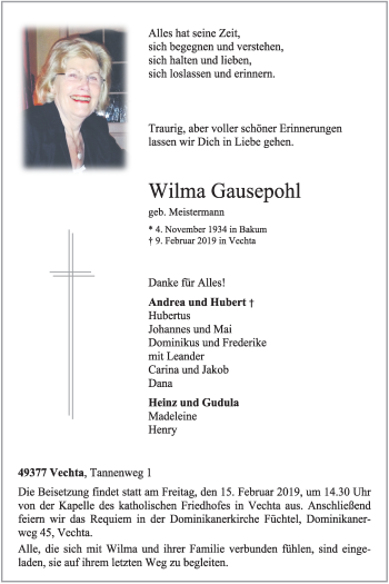 Anzeige von Wilma Gausepohl von OM-Medien