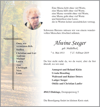 Anzeige von Alwine Seeger von OM-Medien