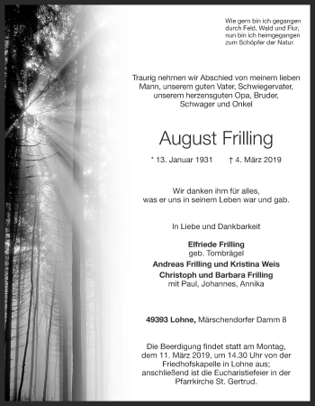 Anzeige von August Frilling von OM-Medien