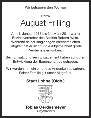 Anzeige von August Frilling von OM-Medien