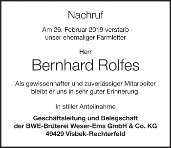 Anzeige von Bernhard Rolfes von OM-Medien
