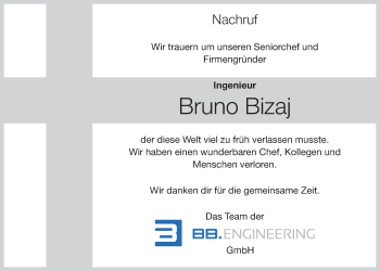 Anzeige von Bruno Bizaj von OM-Medien