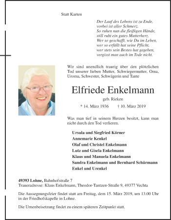 Anzeige von Elfriede Enkelmann von OM-Medien