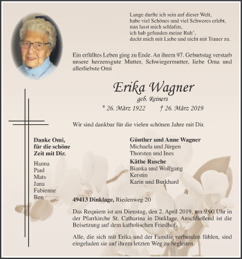 Anzeige von Erika Wagner von OM-Medien