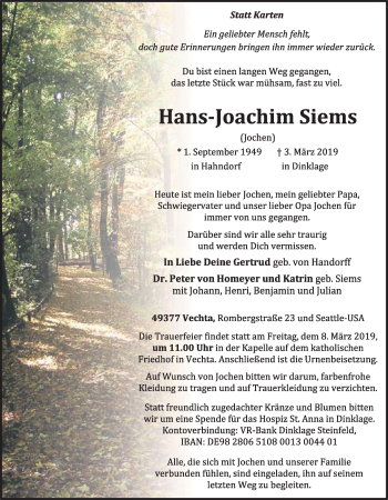 Anzeige von Hans-Joachim Siems von OM-Medien