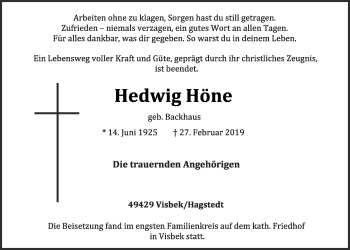 Anzeige von Hedwig Höne von OM-Medien