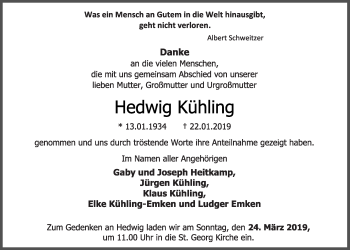 Anzeige von Hedwig Kühling von OM-Medien