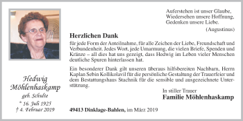 Anzeige von Hedwig Möhlenhaskamp von OM-Medien