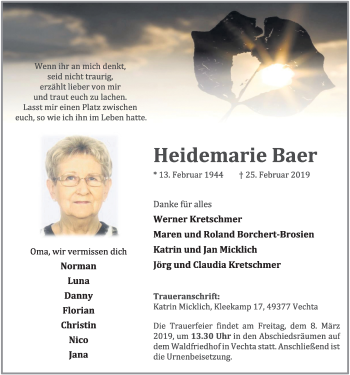 Anzeige von Heidemarie Baer von OM-Medien