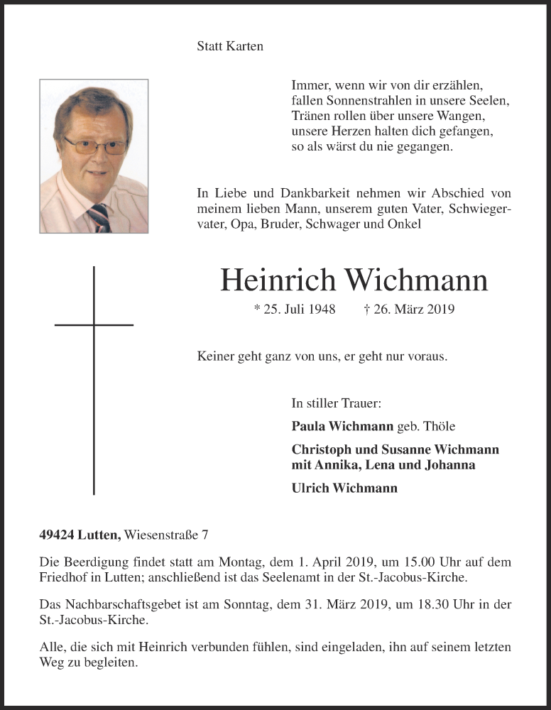  Traueranzeige für Heinrich Wichmann vom 28.03.2019 aus OM-Medien
