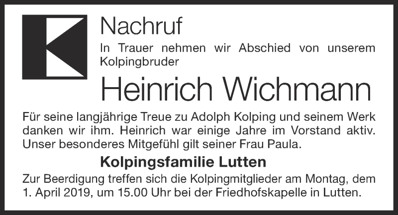  Traueranzeige für Heinrich Wichmann vom 29.03.2019 aus OM-Medien