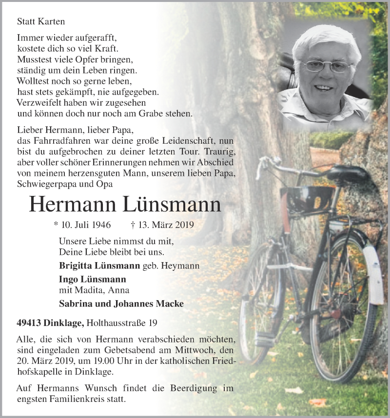  Traueranzeige für Hermann Lünsmann vom 15.03.2019 aus OM-Medien
