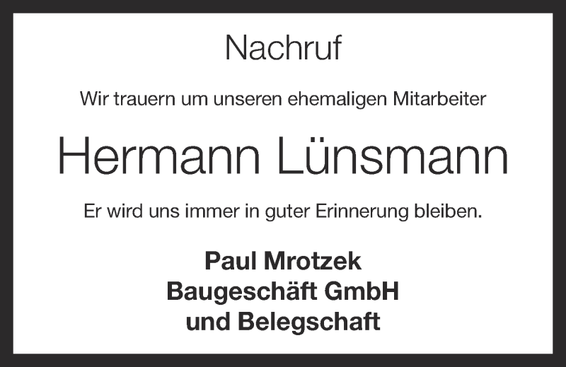 Traueranzeige für Hermann Lünsmann vom 19.03.2019 aus OM-Medien