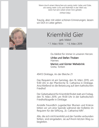 Anzeige von Kriemhild Gier von OM-Medien