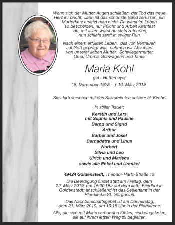 Anzeige von Maria Kohl von OM-Medien