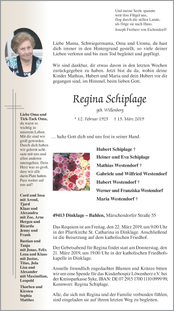 Anzeige von Regina Schiplage von OM-Medien