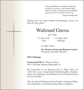 Anzeige von Waltraud Gnosa von OM-Medien