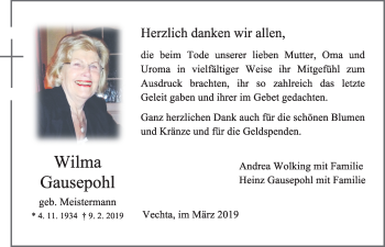 Anzeige von Wilma Gausepohl von OM-Medien