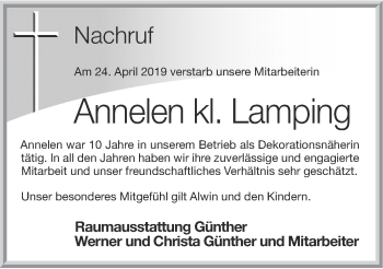 Anzeige von Annelen kl. Lamping von OM-Medien