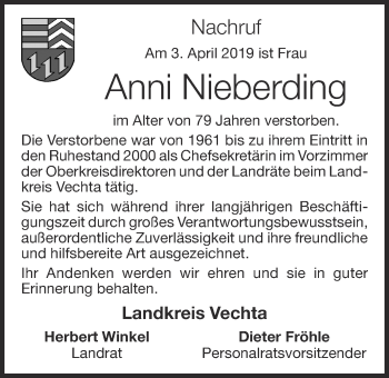 Anzeige von Anni Nieberding von OM-Medien