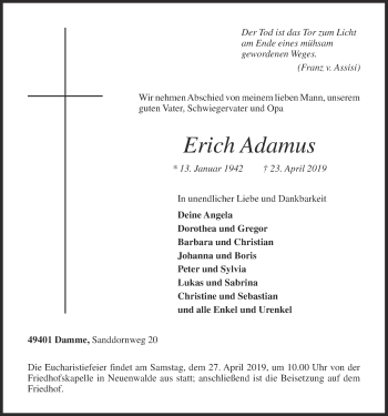 Anzeige von Erich Adamus von OM-Medien