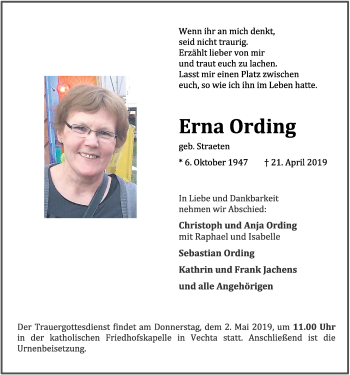 Anzeige von Erna Ording von OM-Medien