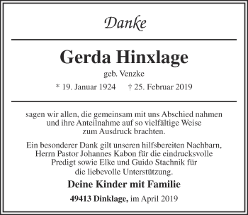 Anzeige von Gerda Hinxlage von OM-Medien
