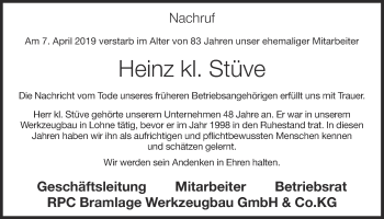 Anzeige von Heinz kl. Stüve von OM-Medien
