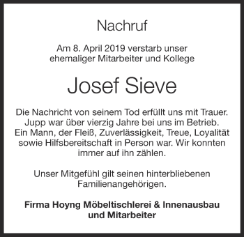Anzeige von Josef Sieve von OM-Medien
