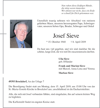 Anzeige von Josef Sieve von OM-Medien