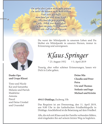 Anzeige von Klaus Springer von OM-Medien