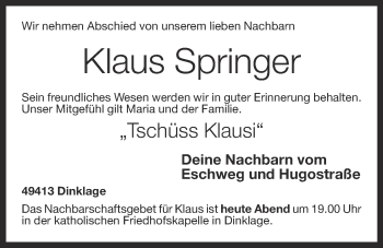 Anzeige von Klaus Springer von OM-Medien
