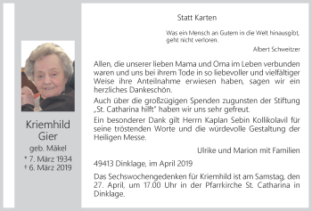 Anzeige von Kriemhild Gier von OM-Medien