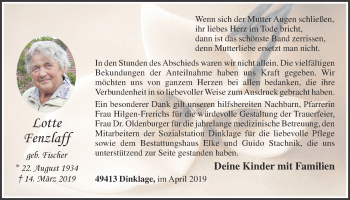 Anzeige von Lotte Fenzlaff von OM-Medien
