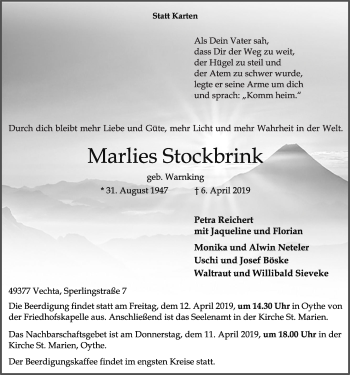 Anzeige von Marlies Stockbrink von OM-Medien