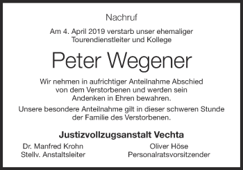 Anzeige von Peter Wegener von OM-Medien