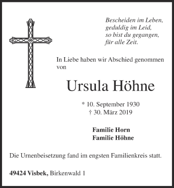 Anzeige von Ursula Höhne von OM-Medien