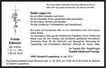 Anzeige von Frieda Klüsener von OM-Medien