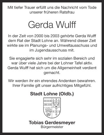 Anzeige von Gerda Wulff von OM-Medien