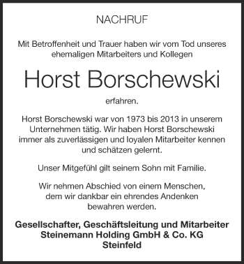 Anzeige von Horst Borschewski von OM-Medien